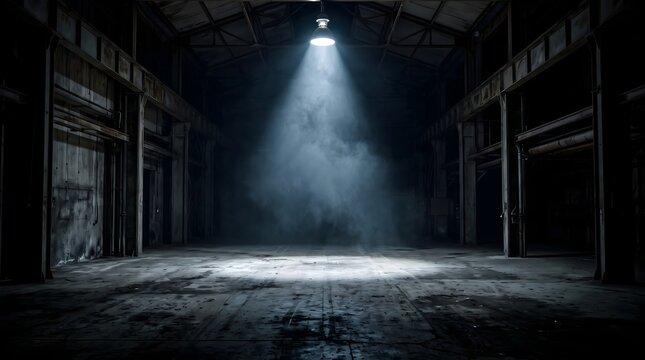 A single bright spotlight shining down into a dark abandoned industrial warehouse with dusty atmosphere and shadows