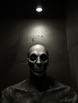 Dark portrait of a scary humanoid monster under a single overhead light bulb with scary creature horror character dark background