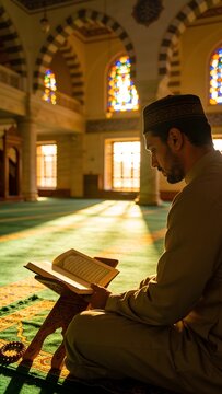 Muslim Man in Taqiyah Reading Holy Quran Book inside Sunlit Mosque Architecture Interior Sunlight