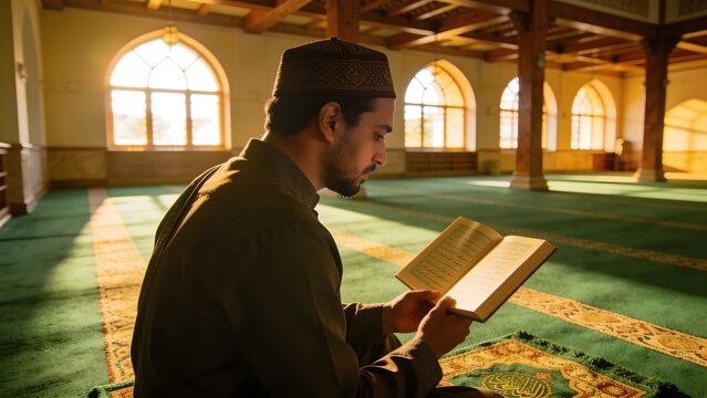 Muslim Man in Taqiyah Reading Holy Quran Book inside Sunlit Mosque Architecture Interior Sunlight