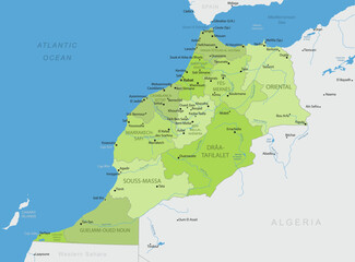 Morocco - Detailed, modern map of the country with cities, capitals, internal territorial boundaries, and major water features. Vector illustration. © gt29