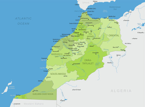 Morocco - Detailed, modern map of the country with cities, capitals, internal territorial boundaries, and major water features. Vector illustration.