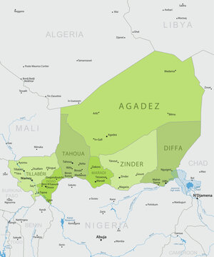 Niger - Detailed, modern map of the country with cities, capitals, internal territorial boundaries, and major water features. Vector illustration.