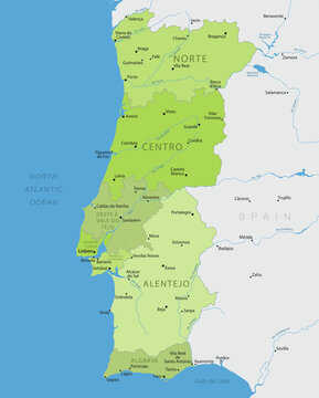 Portugal - Detailed, modern map of the country with cities, capitals, internal territorial boundaries, and major water features. Vector illustration.