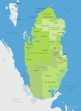 Qatar - Detailed, modern map of the country with cities, capitals, internal territorial boundaries, and major water features. Vector illustration.