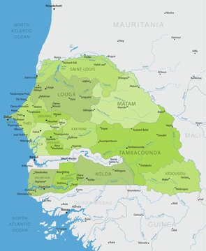 Senegal - Detailed, modern map of the country with cities, capitals, internal territorial boundaries, and major water features. Vector illustration.