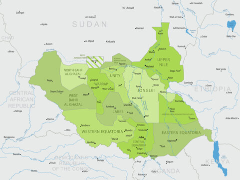 South Sudan - Detailed, modern map of the country with cities, capitals, internal territorial boundaries, and major water features. Vector illustration.