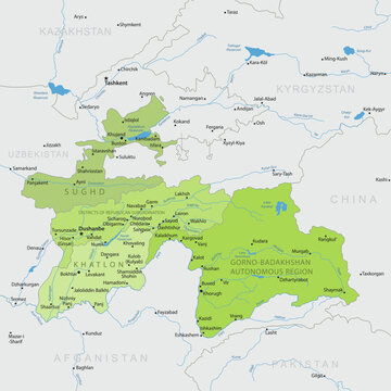 Tajikistan - Detailed, modern map of the country with cities, capitals, internal territorial boundaries, and major water features. Vector illustration.