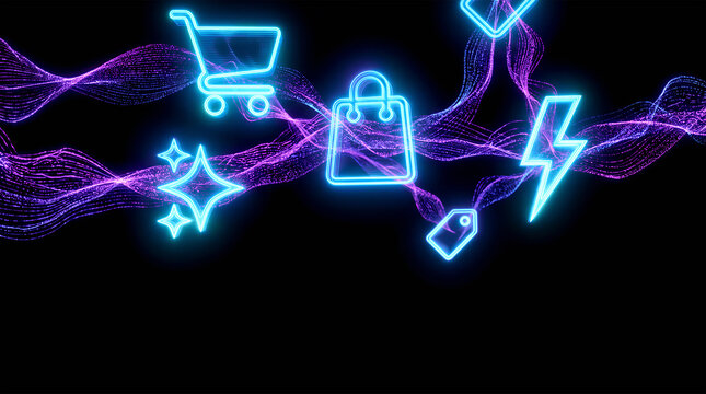 Glowing blue neon shopping icons floating with purple particle wave on dark background. Online retail and e-commerce technology. Promotional ecommerce Cyber Monday marketing. Promotion with copy-space