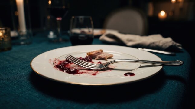 Silver fork resting on a dirty white plate with red sauce and meat scraps in a dark restaurant. White plate showing food leftovers after a holiday dinner on a blue tablecloth with candle.