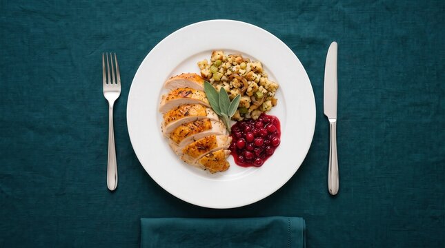 Sliced roasted turkey breast sits on a white ceramic plate with herb stuffing and red cranberry sauce. Roasted turkey breast serves as a festive Thanksgiving dinner on teal linen fabric.