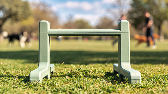 Gray green recycled plastic agility hurdle on green grass. Dog training obstacle in a park. Blurred background with pet owner