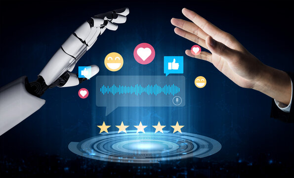 Illustration of a human hand reaching out to a robotic hand, surrounded by vibrant social media icons, symbolizing emotional interaction and technology evolution in digital communication. Ledger