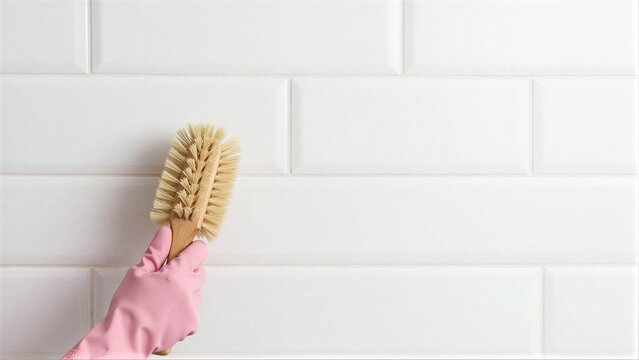 Hand in pink glove brushes white tiled wall with wooden brush.