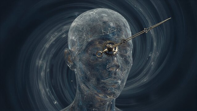 Transparent head with gears and clock hands, swirling vortex background.