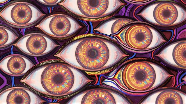 Vibrant, psychedelic eyes in warm hues dominate a hypnotic, repeating pattern.