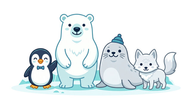 Kawaii arctic animals collection, cute polar bear and penguin illustration, friendly seal and arctic fox characters for kids isolated PNG with Transparent Background