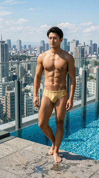 Athletic man in swim briefs posing by rooftop infinity pool with city skyline view