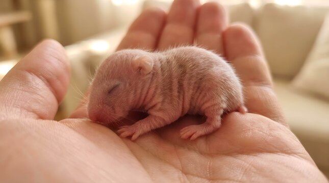 Newborn baby hamster sleeping in the palm of a hand