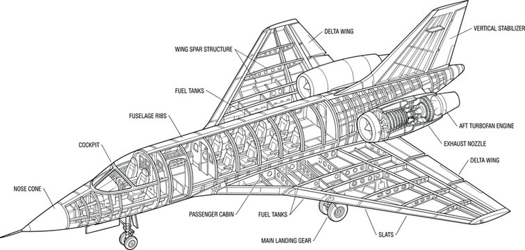 Detailed technical cutaway diagram of a commercial jet airplane showing internal structure and engineering design