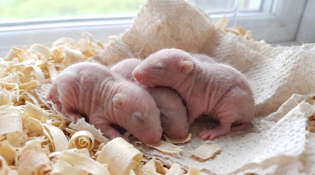 Group of Newborn Baby Rats Sleeping in Soft Nest Bedding