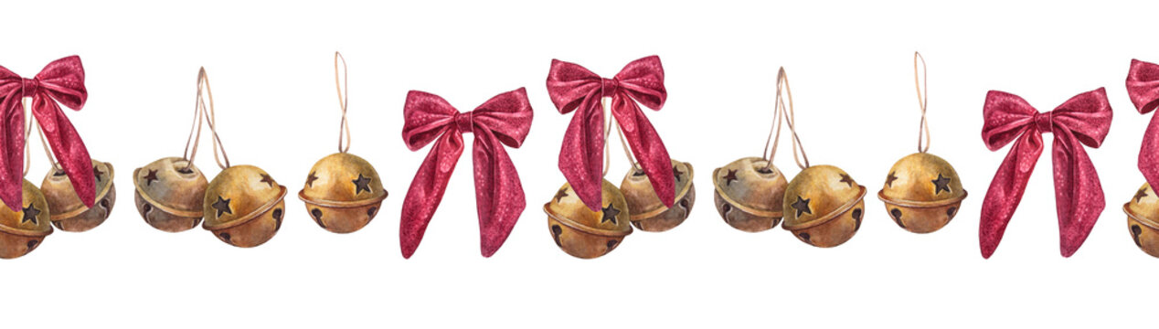 Watercolor seamless border with bronze or golden old jingle bell with red velvet bow on white background. Christmas melody toy for celebration rim. Musical instrument. Vintage wallpaper or wrapping
