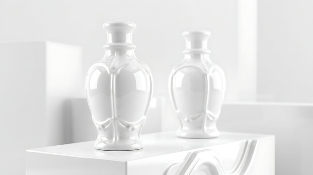 Elegant White Ceramic Vases Displayed on a Modern Pedestal with Geometric Background