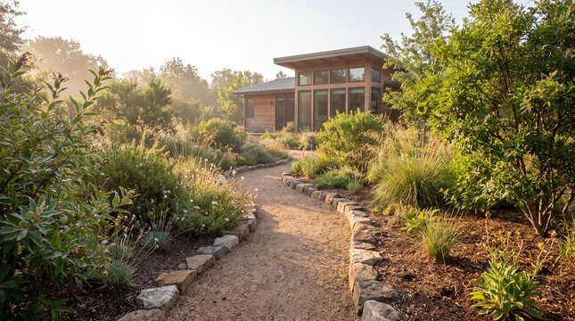 A winding gravel path leads through a lush garden toward a modern timber framed house with landscaped garden towards gravel walkway bordered