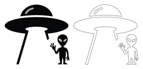 UFO spaceship flying saucer vector illustration set with extraterrestrial alien character waving hand © Eman