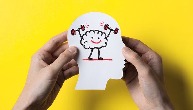 Hands hold paper head silhouette with cartoon brain lifting dumbbells. Yellow background. Mental fitness, brain training, cognitive strength concept.