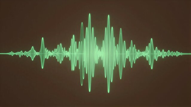 Green audio waveform pulses against a dark brown background, symbolizing sound's rhythm.