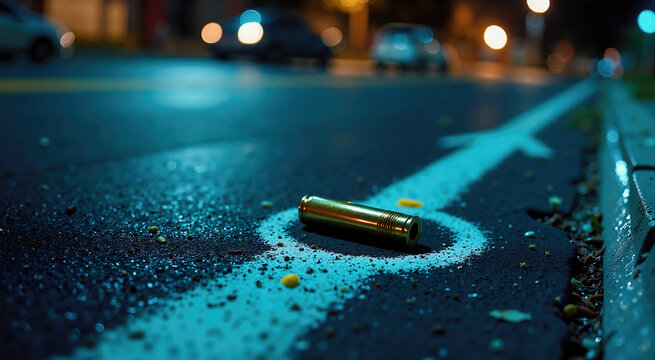 Golden bullet shell casing on wet asphalt at night. Crime scene evidence marked with white chalk arrow