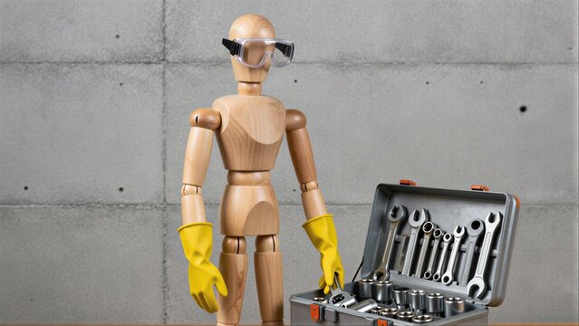 Wooden mannequin with goggles and gloves stands beside open tool kit.