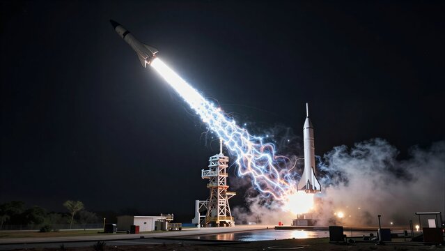 Rocket launches into night sky, fiery trail illuminating launch pad and smoke.