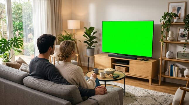Couple Watching Green Screen Smart TV in Modern Living Room