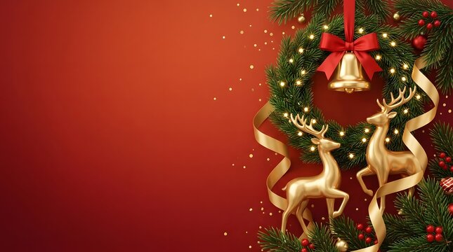Warm red festive background featuring a decorated Christmas wreath with a golden bell and a golden deer silhouette on the right side. Perfect for holiday marketing, landing page banners.