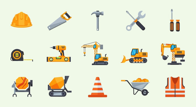 Construction tools and equipment icons set.