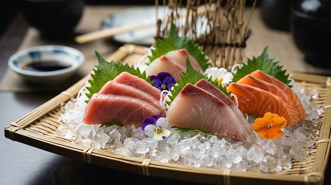 Fresh sashimi platter with tuna and salmon slices on ice with shiso leaf and edible flower. Traditional japanese seafood delicacy. Gourmet restaurant menu and culinary culture concept