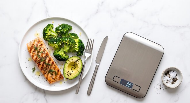 Grilled salmon fillet with broccoli and avocado on plate with digital kitchen scale. Healthy food and portion control concept. Balanced diet and weight loss meal.