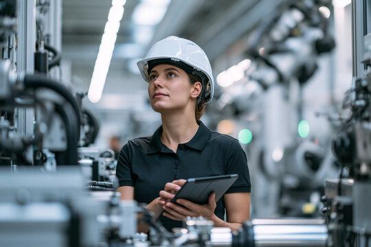 Female engineer black polo white helmet tablet industrial machinery factory technology inspection professional focused modern automation confident adult safety manufacturing workplace equipment