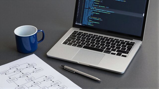 Laptop displays code, beside mug and flowchart paper with pen.