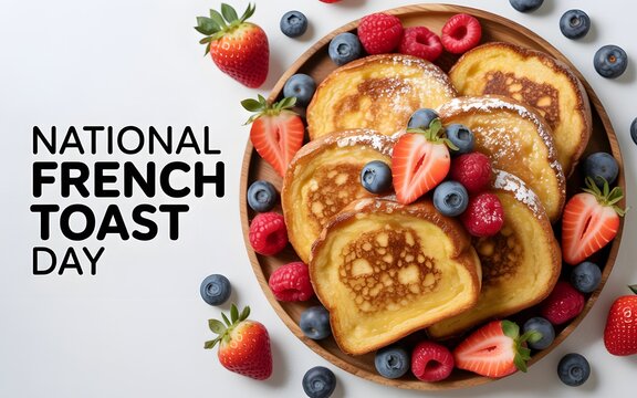 National french toast day breakfast plate with golden toast, strawberries, and berries