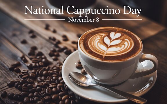 National cappuccino day november 8 text with a cup of cappuccino and coffee beans