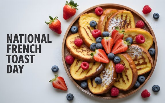 National french toast day breakfast platter with golden bread, strawberries, and berries