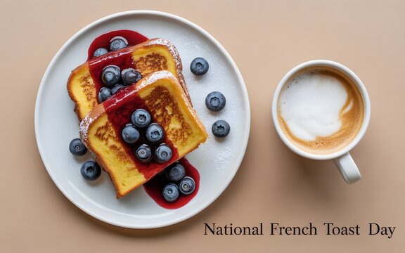 National french toast day breakfast with blueberry sauce and a cup of coffee on beige