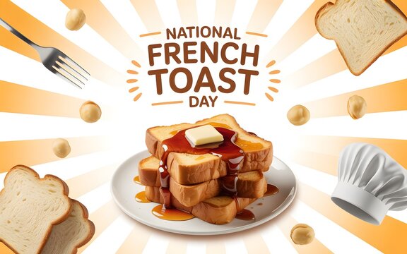 National french toast day with toast, butter, syrup, chef hat, and bread slices breakfast