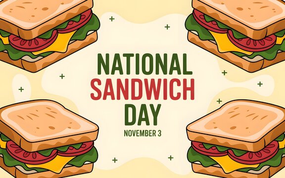 National sandwich day november 3rd with four sandwiches on a light yellow background