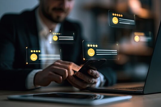 Customer Feedback and Online Reviews Concept with Person Using Smartphone.