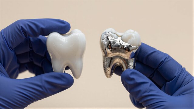 Hands in gloves display a natural tooth versus a metallic dental implant.