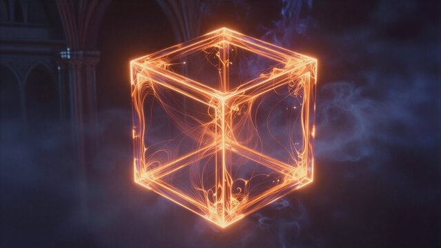 A glowing orange cube floats in a misty, gothic cathedral.